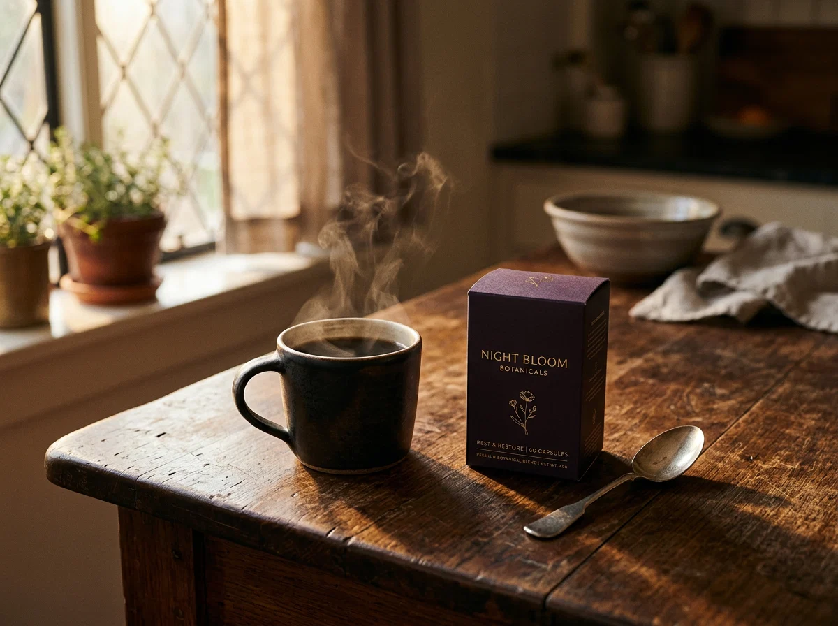 Morning coffee mug beside Slim Coffee Booster supplement box on a wooden table with warm window light
